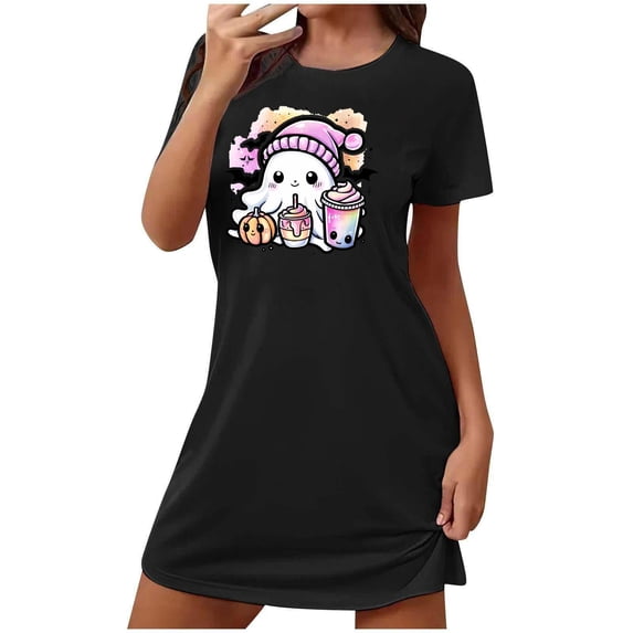 Aobny Black Women Pajamas Cute Ghost House Dress Crew Neck Short Sleeve Short Plus Size Sleepwear,M