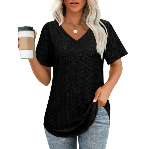 Aobny Black Women's Casual T-Shirt Hiking Tunic Tees Flowy Short Sleeve V-Neck Tops for Lady