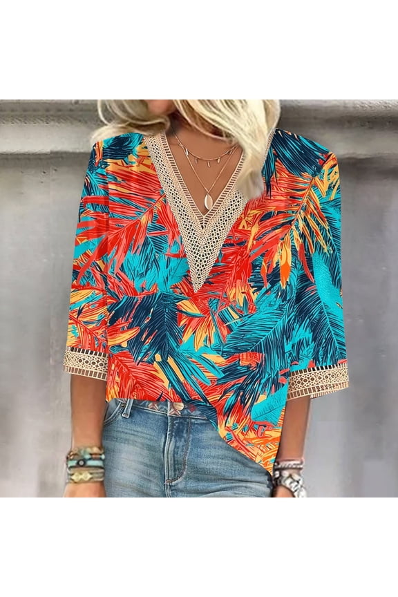 Blouse for Women Lace Trim Hawaiian Tops Pullover Orange 3/4 Sleeve V-Neck Young Womens Tops,L