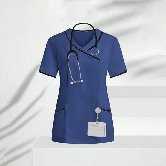 Aobny Blouses Scrub Nurse Womens Tops V-Neck Short Sleeve Blouse Blue Cute Winter Tops,L