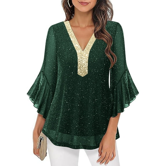 Aobny Blouses for Women Trendy Ruffle Sleeve Sequin T-shirt Green Pullover 3/4 Sleeve V-Neck Athletic Shirts Women,L