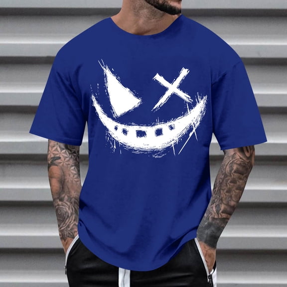 Aobny Blue Beach Shirts for Men Oversized Short Sleeve Graphic Tshirt Anime Crew Neck Pullover Workout Shirts for Men,S