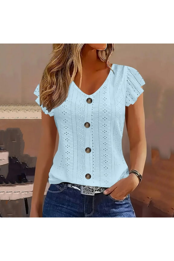 Blue Cute Spring Tops for Women Eyelet T-Shirt Flutter Sleeve V-Neck Short Sleeve Trendy Tops for Women 2025