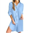 thumbnail image 1 of Aobny Blue Dressy Dresses for Women Linen Cotton Shirt Dress Collared Mini Long Sleeve Summer Work Dresses for Women 2025, 1 of 5