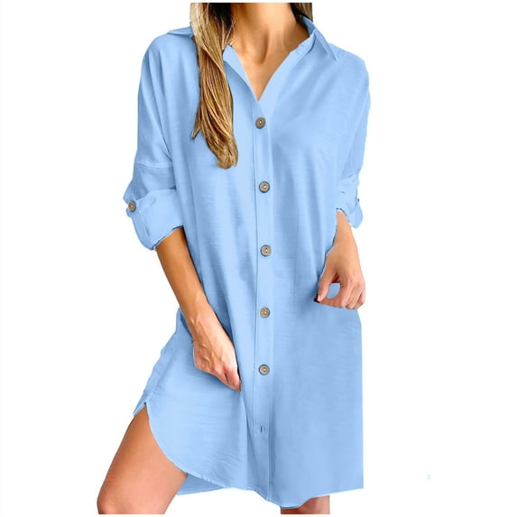 Aobny Blue Dressy Dresses for Women Linen Cotton Shirt Dress Collared Mini Long Sleeve Summer Work Dresses for Women 2025