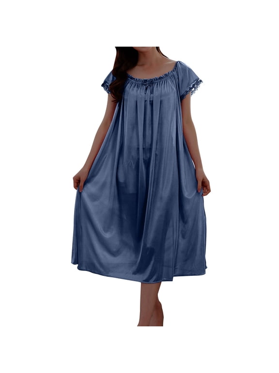 Blue Fall Nightgowns for Woman Silk Short Sleeve Solid Long Crew Neck Mumu Adults Nightshirts House