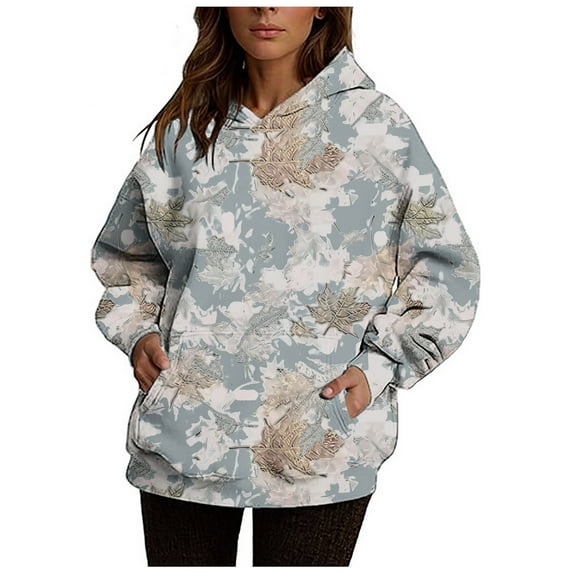 Aobny Blue Fashion Tops for Woman Sweatshirt Long Sleeve Camouflage with Pocket Hooded Hoodie Blouses for Women Elegant
