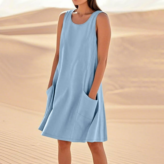 Aobny Blue Ladies Summer Dresses Cotton Linen Shift Crew Neck Mini Sleeveless Spring Womens Dresses