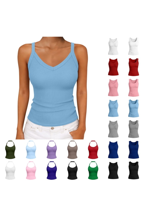 Blue Seamless Leisure Women's Tank Tops Basic Slimming Tops Crew Neck Ribbed Muscle Womens Tees
