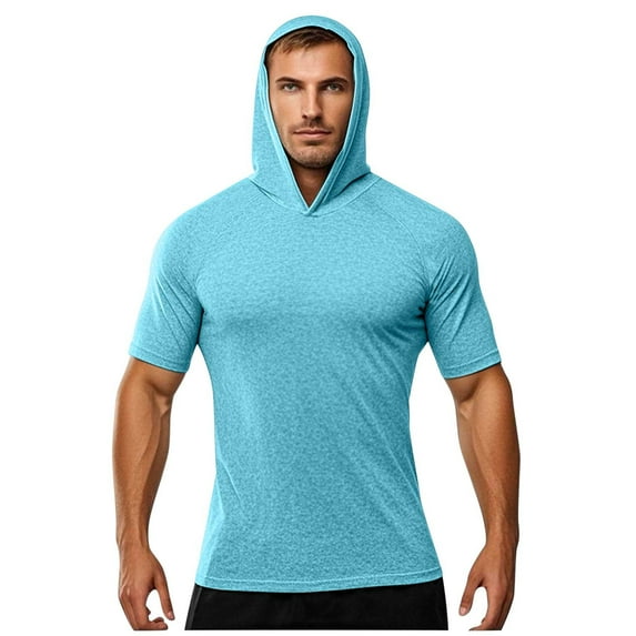 Aobny Blue T-Shirt Sun Shirt Short Sleeve Hooded Sports T Shirts Pullover Men Plain Oversized Tshirt,M