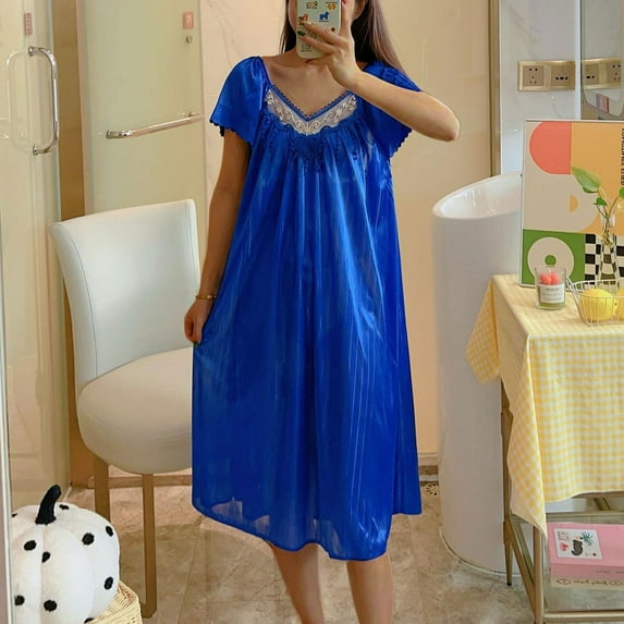 Aobny Blue Winter Nightgowns for Woman Silk Long Short Sleeve V-Neck Solid Mumu Nightshirts for Adult Cute