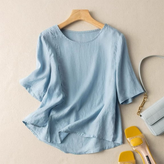 Aobny Blue Women's Tshirt Plus Size Linen T-Shirt Elbow-Length Crew Neck Cute Womens Tops,XL