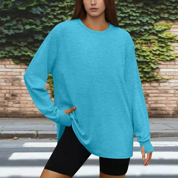 Aobny Blue Womens Shirts Casual Crew Neck Long Sleeve Tunic Thumb Hole Shirts Workout Shirts,S