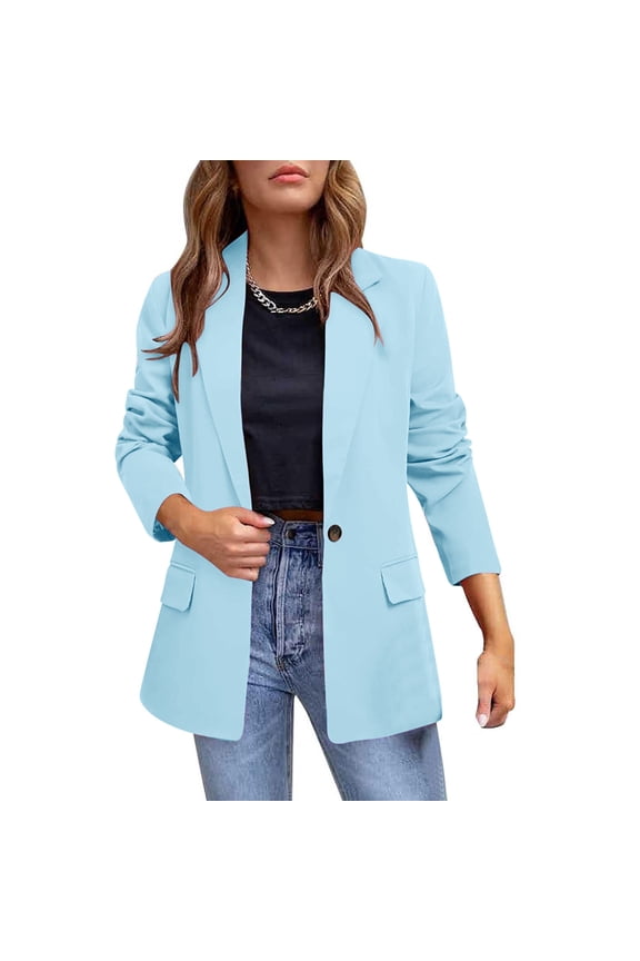 Blue Work Shirt Women Formal Blazer Long Sleeve Collared Duster Tops for Women Trendy,M
