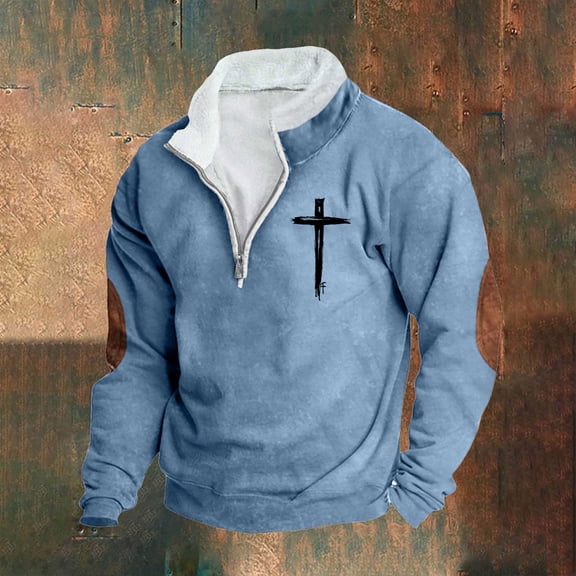 Aobny Blue Y2K Hoodie 1/4 Zip Pullover Christian Mock Neck Sweatshirts Men Polyester Shirts for Men,M