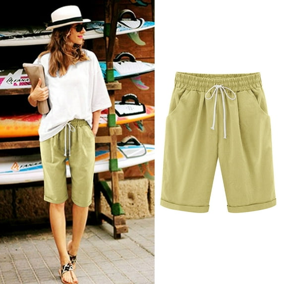 Aobny Board 2025 Women's Shorts Yellow Bermuda Bottoms High Waisted Hiking Pants for Junior,L