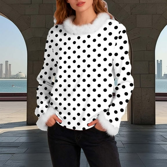 Aobny Boho Tops Sweatshirt White Long Sleeve Fleece Shirt Crew Neck Pullover Women Polka Dot Formal Tops for Women,L