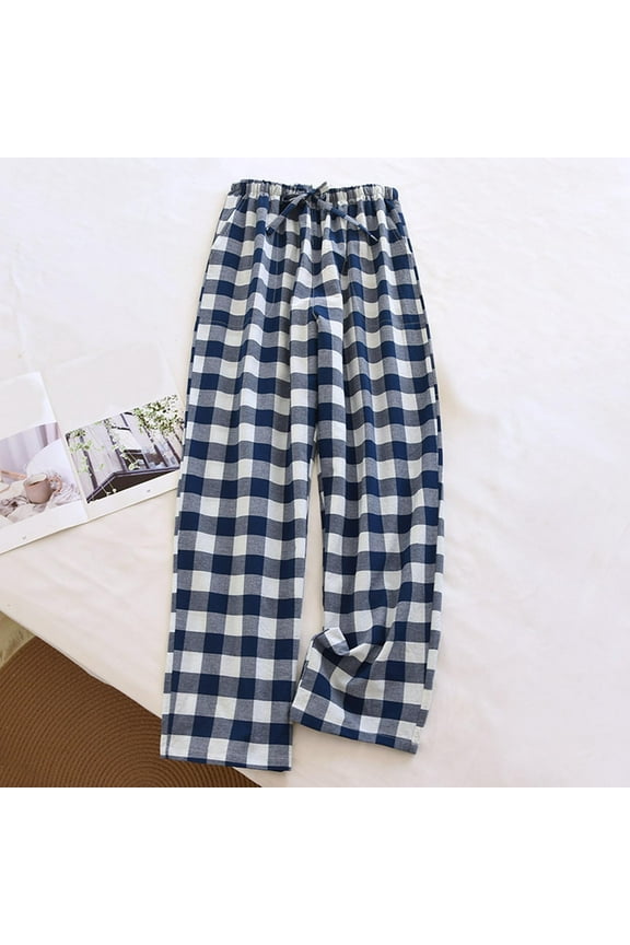 Men Pajamas Cotton Plaid Blue Men Sleep Pants Long Straight-Leg Pajamas for Mens,L
