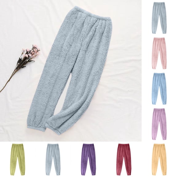 Aobny Breathable Pajamas for Women Fuzzy Blue Fleece Solid Ankle Cuffed Sleep Pants Ladies Fashion