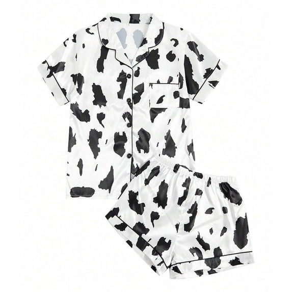 Aobny Breathable Womens Pajamas Satin Button Up White Collared Short Short Sleeve Graphic Pajama Set Ladies Pjs Lounge