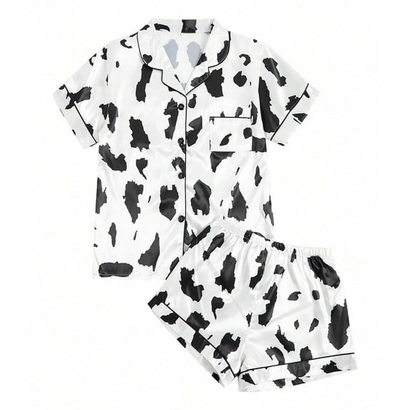 Aobny Breathable Womens Pajamas Satin Button Up White Collared Short Short Sleeve Graphic Pajama Set Ladies Pjs Lounge