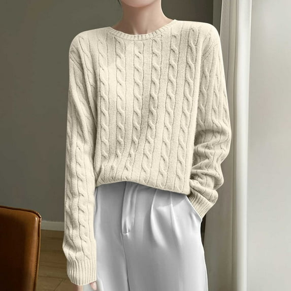 Aobny Breathable Womens Sweaters Cotton Beige Cable Knit Long Sleeve Crew Neck Pullover Pretty Juniors Sweaters Casual