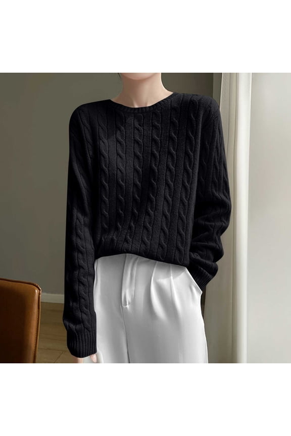 Breathable Womens Sweaters Cotton Black Crew Neck Cable Knit Long Sleeve Pullover Fancy Juniors Sweaters Workwear