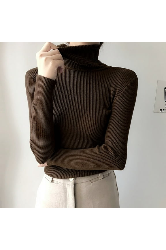 Brown Casual Womans Tops Sweater Basic Turtleneck Long Sleeve Solid Pullover Blouses for Teen Going Out
