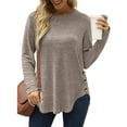 Aobny Brown Fashion Shirts for Woman Loose Button Long Sleeve Crew Neck