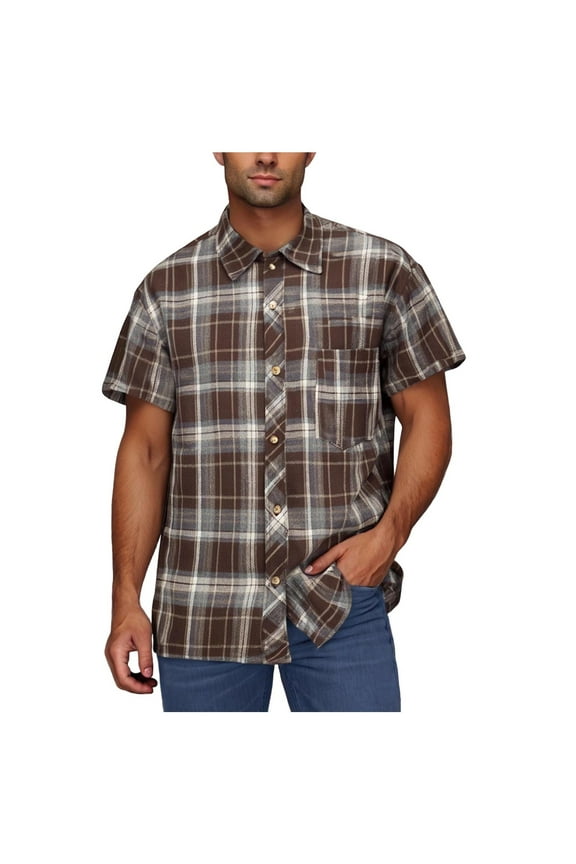 Brown Mens Casual Shirts Short Sleeve with Pocket Oversized Collared Shirt Button-Up Plaid Athletic Shirts for Men,5XL
