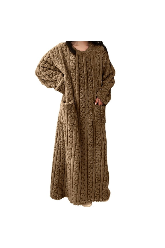 Brown Soft Womens Nightgowns Flannel Crew Neck Long Long Sleeve Solid with Pockets Adults Nightgowns Sleepwear