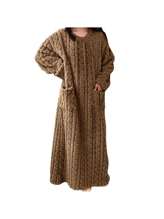 Brown Soft Womens Nightgowns Flannel Crew Neck Long Long Sleeve Solid with Pockets Adults Nightgowns Sleepwear