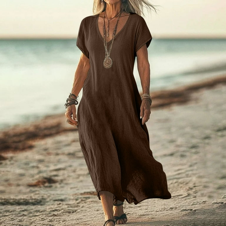 Aobny Brown Womens Spring Dresses Flowy Modest T-Shirt Midi Short Sleeve V-Neck Womens Summer Dresses, Women's, Size: 4,6,8,10,12,14,16,18,20 Aobny Brown Womens Spring Dresses Flowy Modest T-Shirt Midi Short Sleeve V-Neck Womens Summer Dresses, Women's, Size: 4,6,8,10,12,14,16,18,20