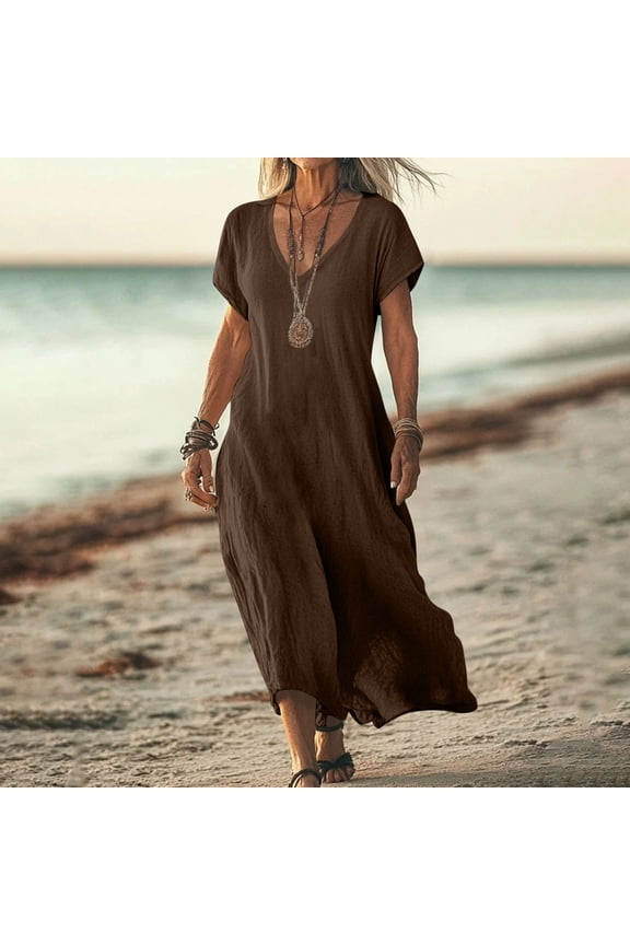 Brown Womens Spring Dresses Flowy Modest T-Shirt Midi Short Sleeve V-Neck Womens Summer Dresses