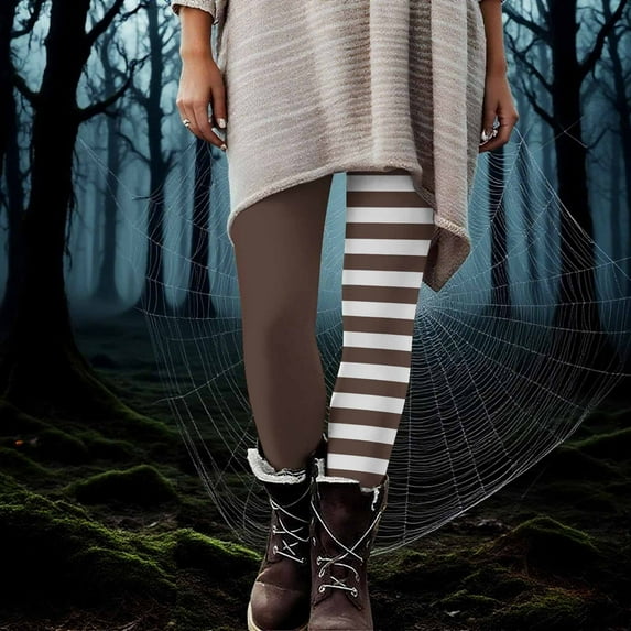 Aobny Butt Lifting Leggings for Women Brown Color Block Striped Leggings High Waisted Skinny Ankle Plus Size Pants,L
