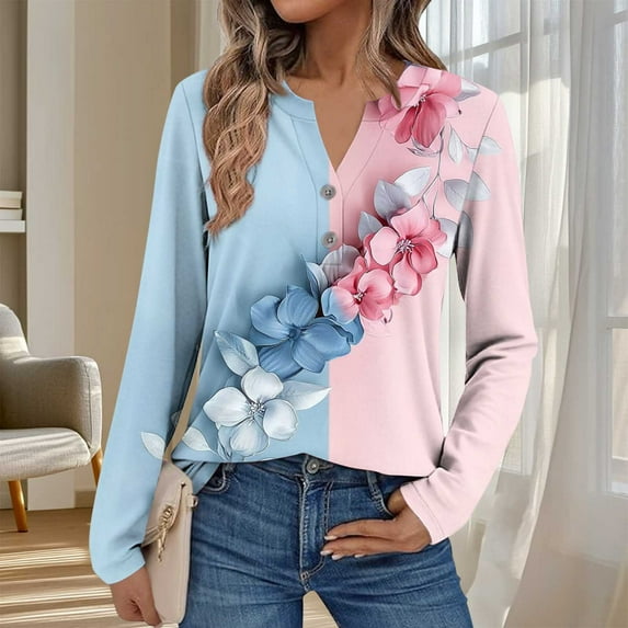 Aobny Button Blouses for Women Dressy Casual Sexy Pink Floral Tops V-Neck Long Sleeve Blouse Under Shirts for Women,XXL