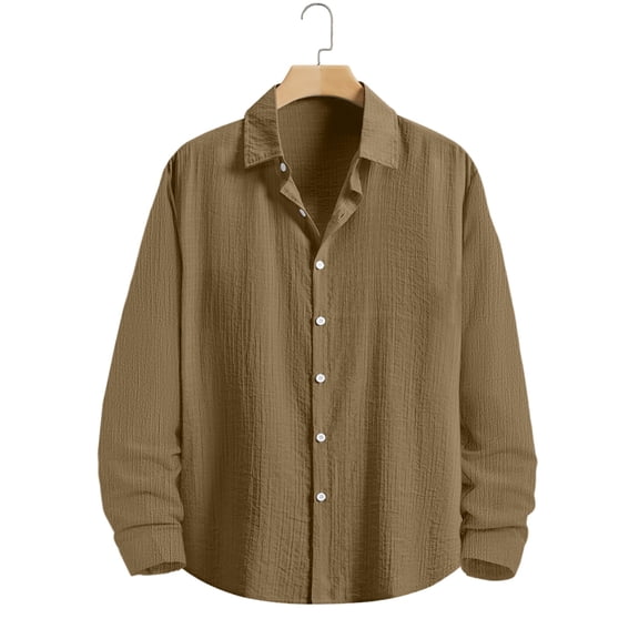 Aobny Button Down Tshirt Linen Solid Mens Shirt Polos Long Sleeve Collared Oversized Shirt,Khaki,M