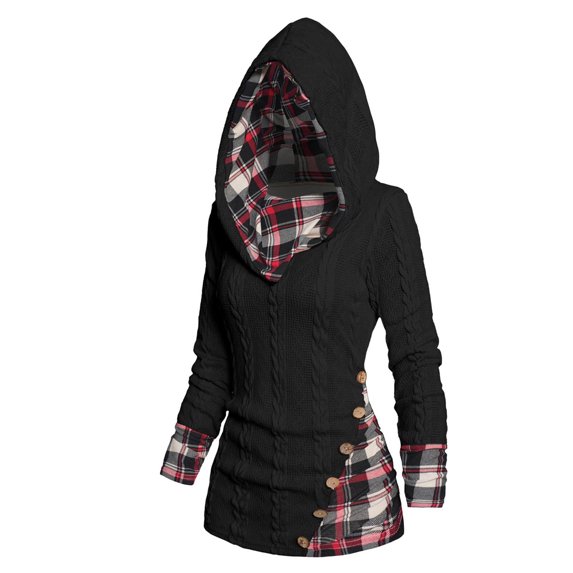 Aobny Button Fitted Womans Sweaters Black Checkered Cable Knit Long Sleeve Hooded Pullover Juniors Sweaters Cute