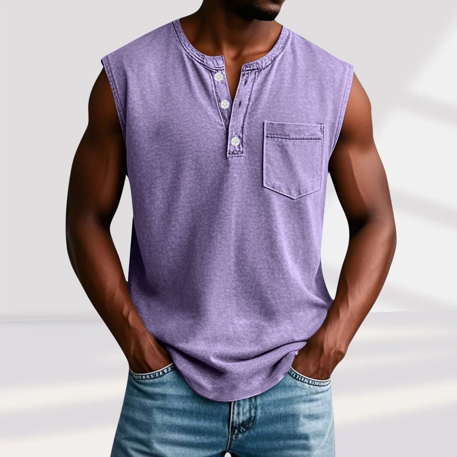 Aobny Button Mens Shirt Pocket Solid T Shirts Henley Sleeveless Tank ...