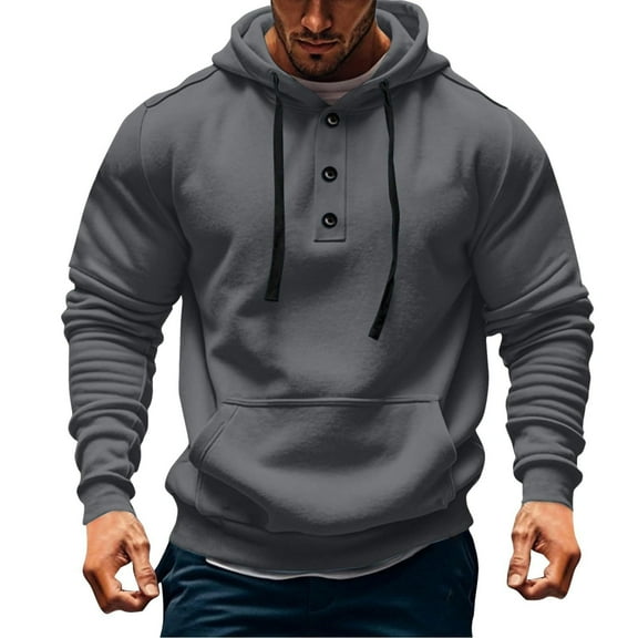 Aobny Button Up Fall Hoodies Henley Hooded Gray Shirts Men Plus Size Shirt,L