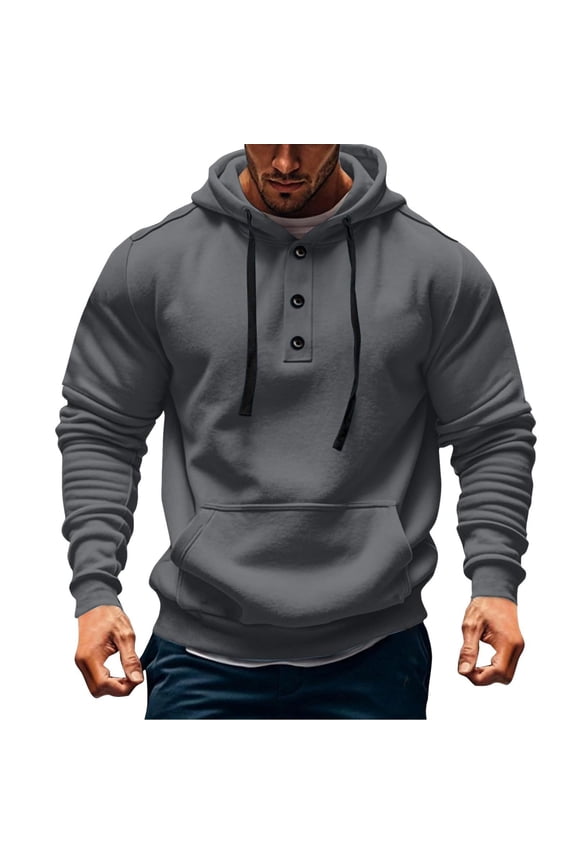 Button Up Fall Hoodies Henley Hooded Gray Shirts Men Plus Size Shirt,L