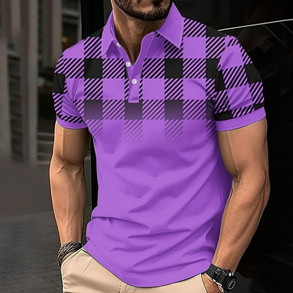Aobny Button Up Fall Shirt Oversized Short Sleeve Purple Collared Tops Men Plaid Polos Pullover Work Shirts,L