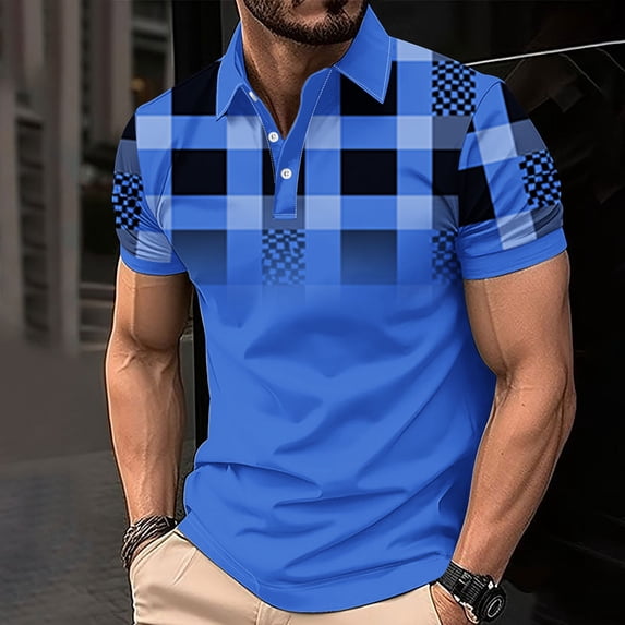 Aobny Button Up Mens Graphic Tees Short Sleeve Collared Oversized Blue Shirts Polos Plaid Big & Tall Mens Fall Shirts,XXXL