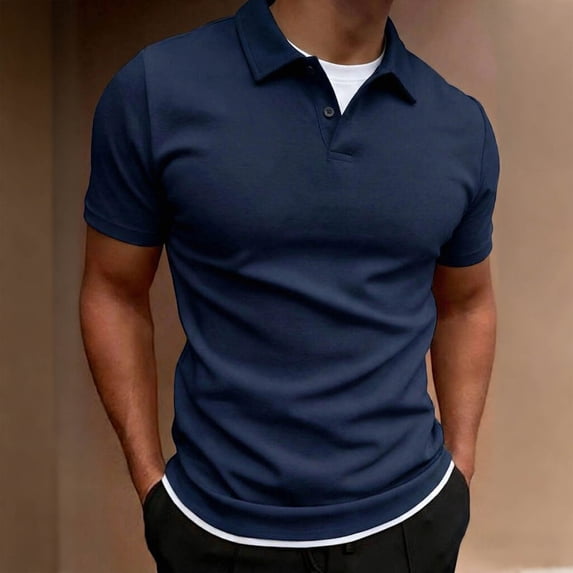 Aobny Button Up Mens T-Shirts Solid Loose Fit Tees Collared Big & Tall Polos Short Sleeve T Shirt,Navy Blue,S
