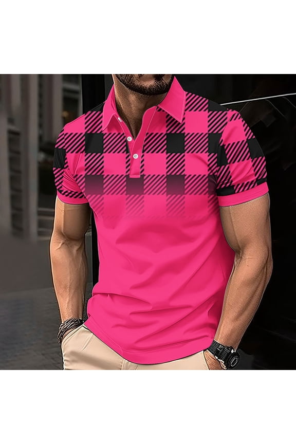 Button Up Plus Size Shirts Collared Pink Short Sleeve Oversized Tops Plaid Polos Men Pullover Teacher Shirts,L