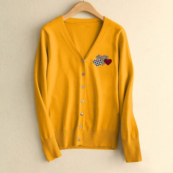 Aobny Button Up Sweaters Women Long Sleeve Yellow Chunky Cardigan Sweaters Heart V-Neck Womens Business Tops,L