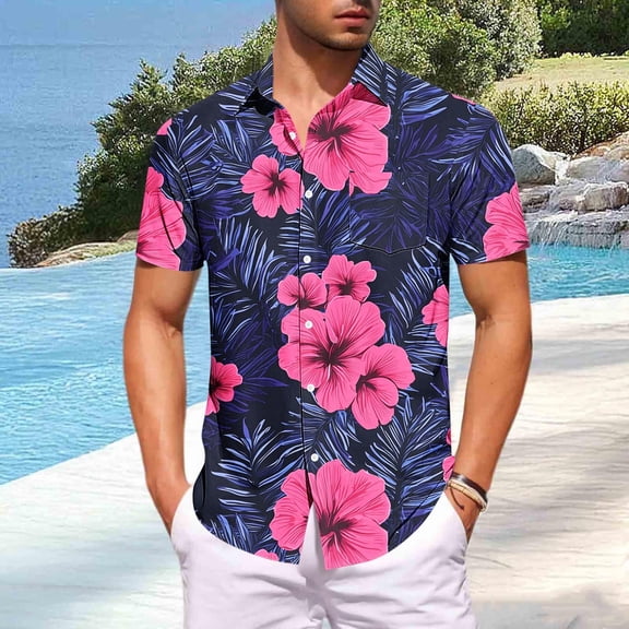 Aobny Button Up Tshirt for Men Tropical Hawaiian Tees Polos Short Sleeve Big & Tall Collared Oversized T Shirt,Red,S