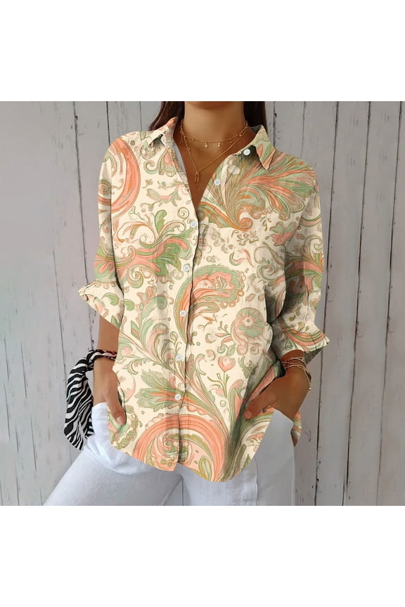 Button Up Women's T-Shirts Paisley Beige Blouse Long Sleeve V-Neck Women Tops Summer,M
