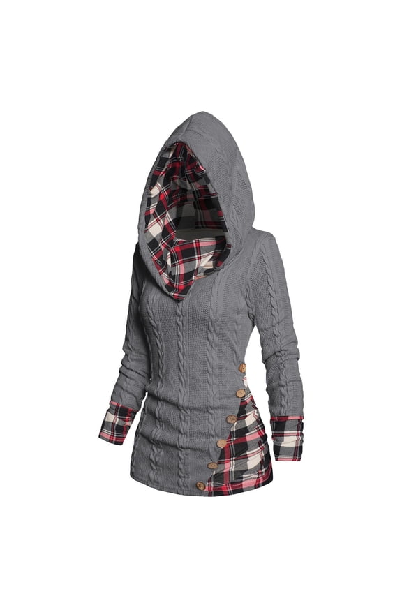 Button Work Womans Sweaters Gray Checkered Long Sleeve Hooded Cable Knit Pullover Juniors Sweaters Winter