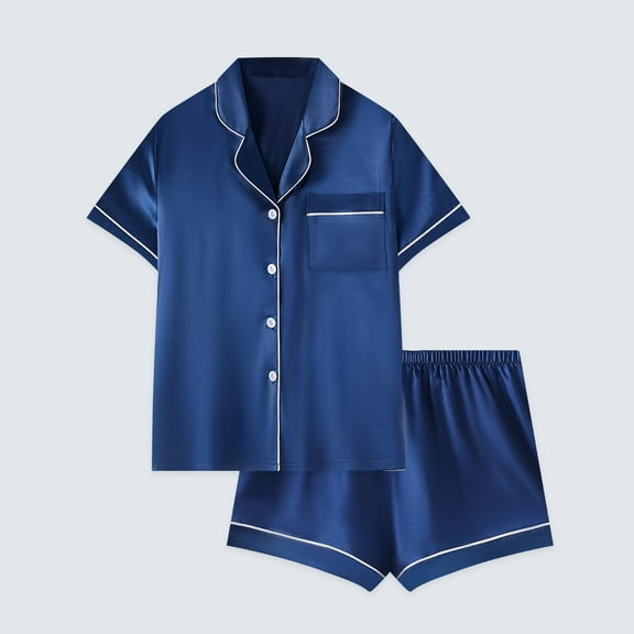 Aobny Button-up Pajama Set Satin Blue Men Sets Collared Wide-Leg Short Mens Pajama Shorts,M